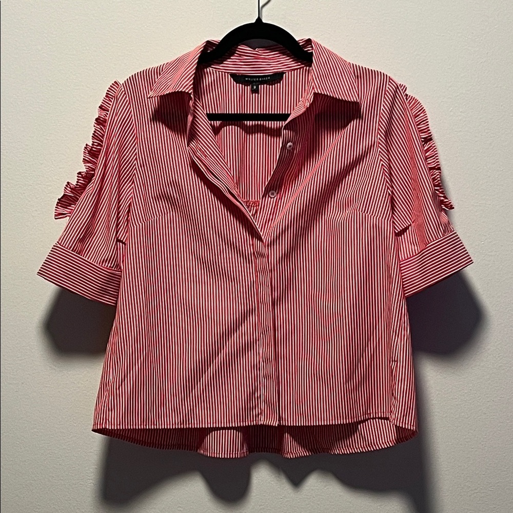 WALTER BAKER Red White Striped Button-Down Short Sleeve Blouse, Ruffle, Size S - Picture 3 of 12